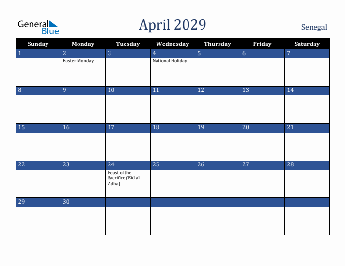 April 2029 Senegal Calendar (Sunday Start)
