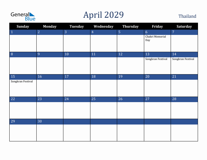 April 2029 Thailand Calendar (Sunday Start)
