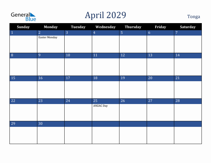April 2029 Tonga Calendar (Sunday Start)