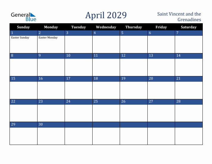 April 2029 Saint Vincent and the Grenadines Calendar (Sunday Start)