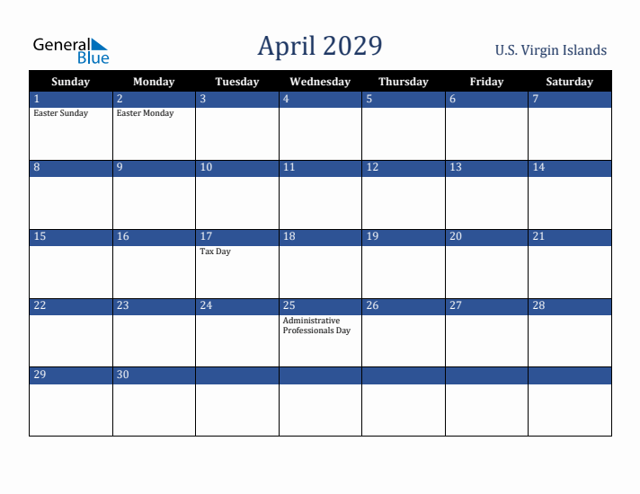 April 2029 U.S. Virgin Islands Calendar (Sunday Start)