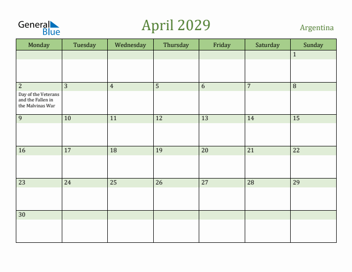 April 2029 Calendar with Argentina Holidays