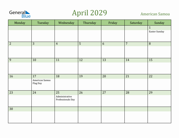 April 2029 Calendar with American Samoa Holidays