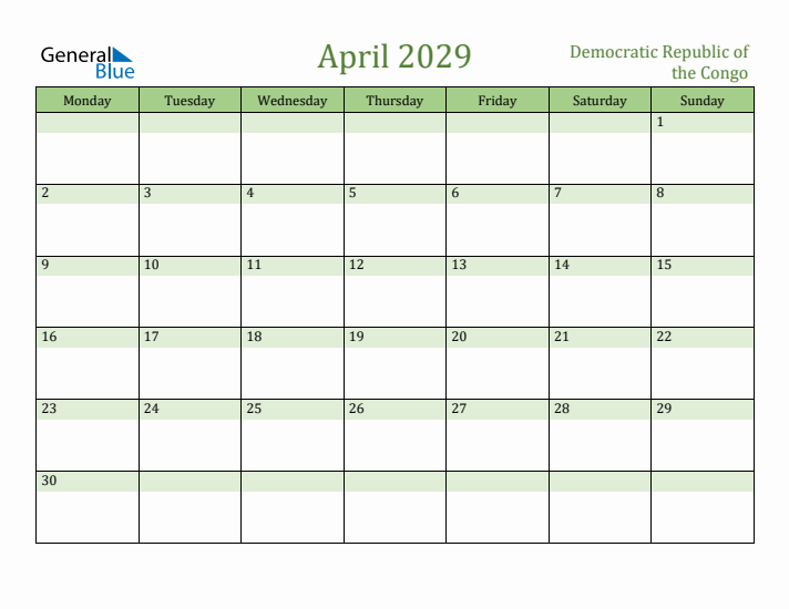April 2029 Calendar with Democratic Republic of the Congo Holidays