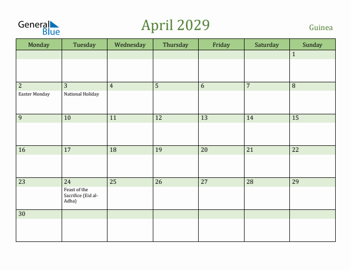 April 2029 Calendar with Guinea Holidays