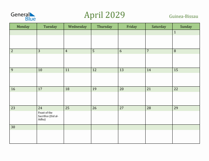April 2029 Calendar with Guinea-Bissau Holidays