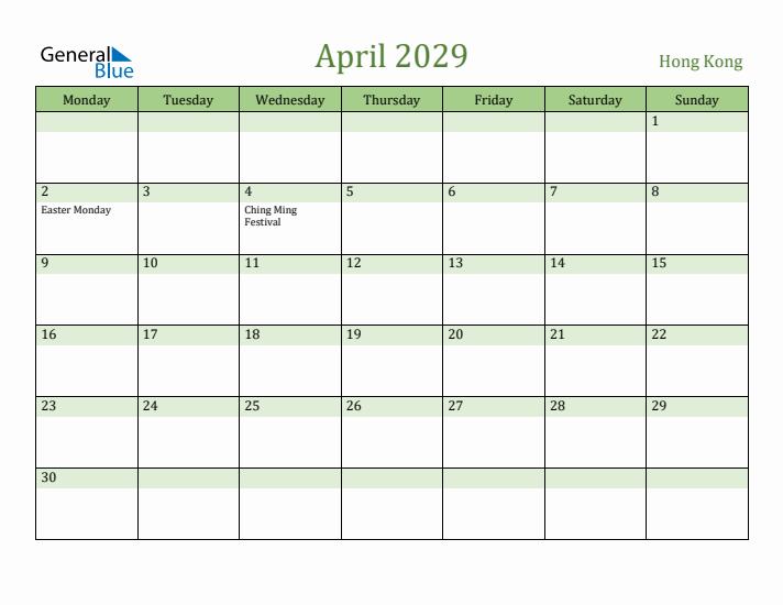 April 2029 Calendar with Hong Kong Holidays
