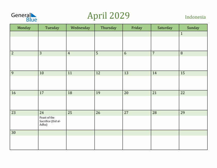 April 2029 Calendar with Indonesia Holidays