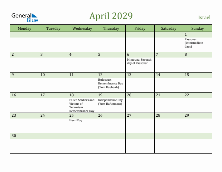 April 2029 Calendar with Israel Holidays