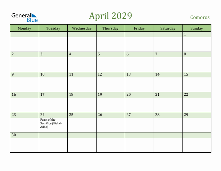 April 2029 Calendar with Comoros Holidays