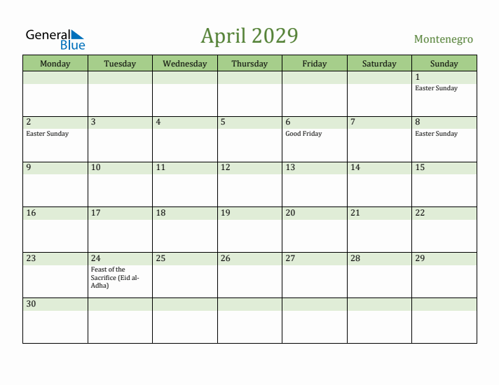 April 2029 Calendar with Montenegro Holidays
