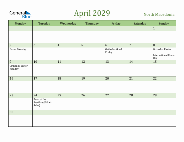 April 2029 Calendar with North Macedonia Holidays