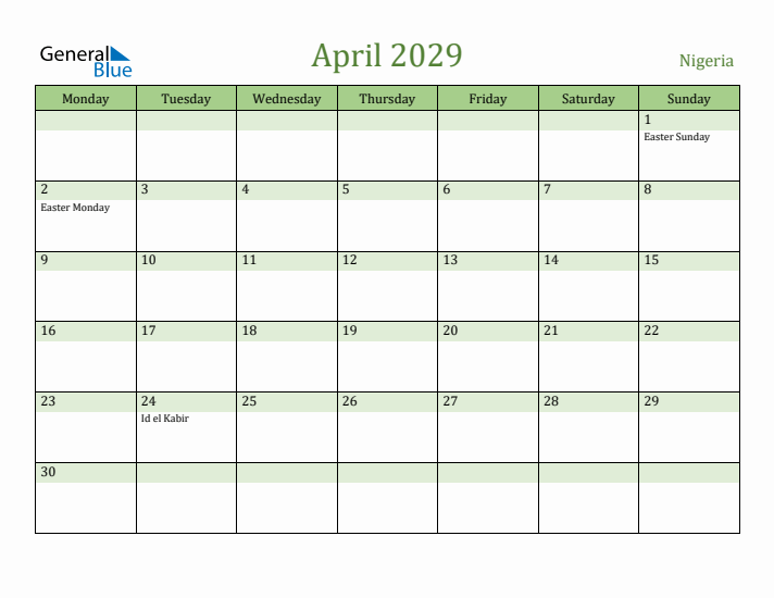 April 2029 Calendar with Nigeria Holidays