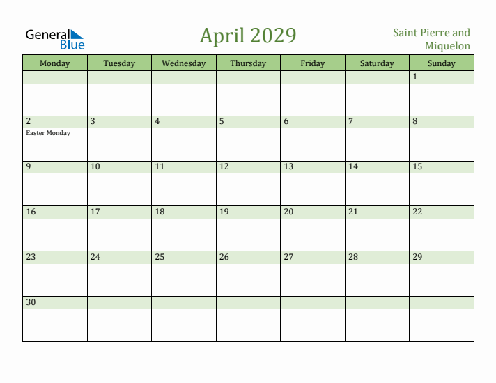 April 2029 Calendar with Saint Pierre and Miquelon Holidays