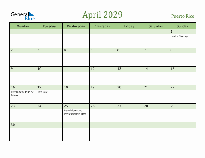 April 2029 Calendar with Puerto Rico Holidays