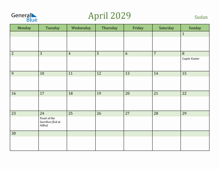 April 2029 Calendar with Sudan Holidays