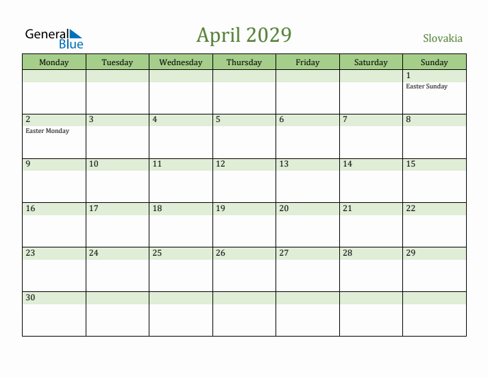 April 2029 Calendar with Slovakia Holidays