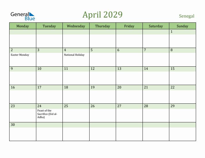 April 2029 Calendar with Senegal Holidays