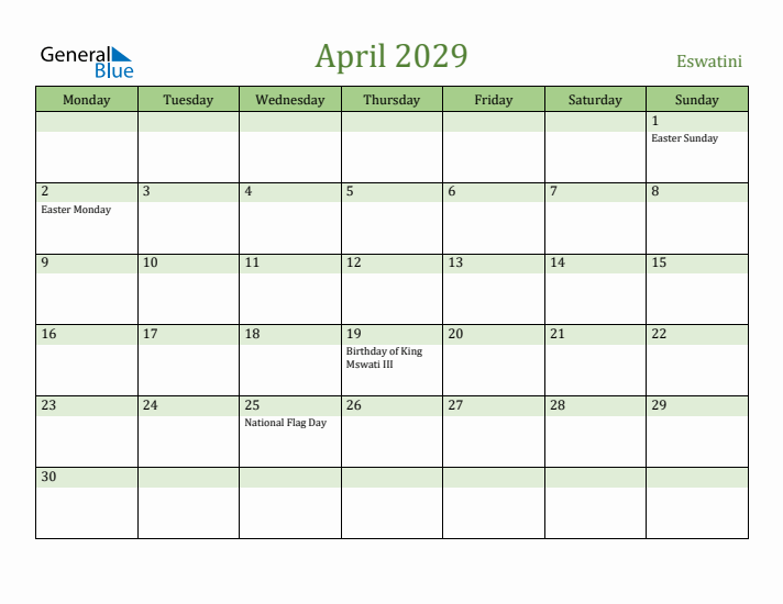 April 2029 Calendar with Eswatini Holidays