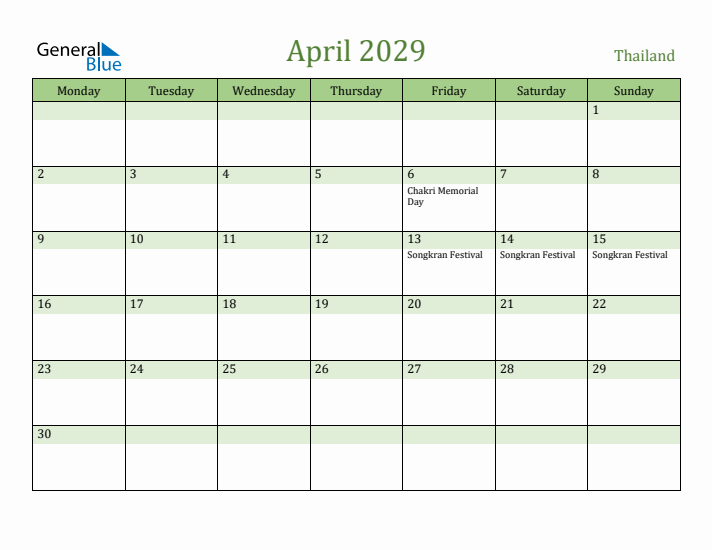 April 2029 Calendar with Thailand Holidays
