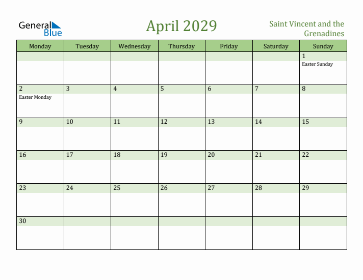 April 2029 Calendar with Saint Vincent and the Grenadines Holidays