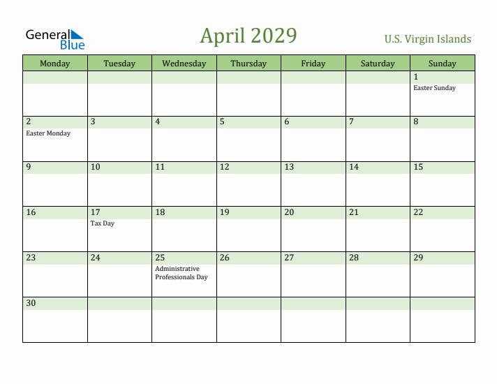 April 2029 Calendar with U.S. Virgin Islands Holidays