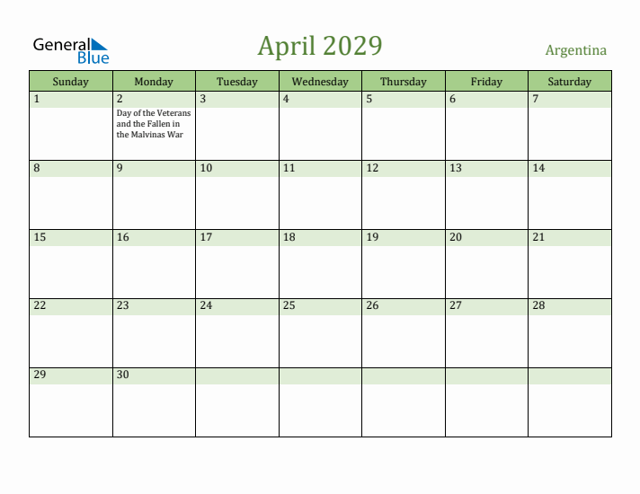 April 2029 Calendar with Argentina Holidays