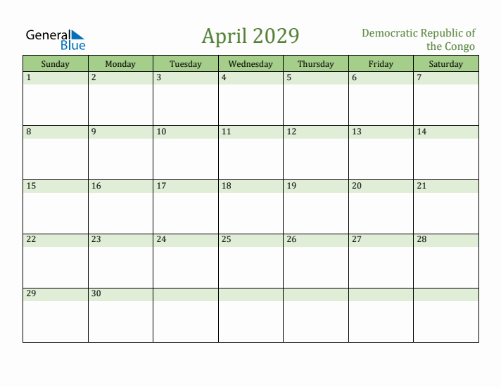 April 2029 Calendar with Democratic Republic of the Congo Holidays