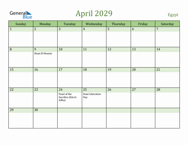 April 2029 Calendar with Egypt Holidays