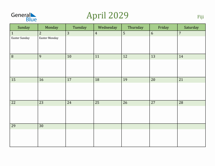 April 2029 Calendar with Fiji Holidays