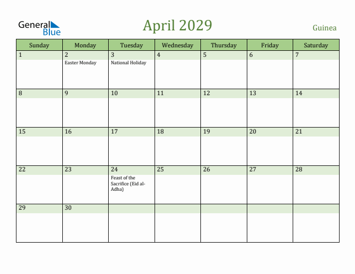April 2029 Calendar with Guinea Holidays