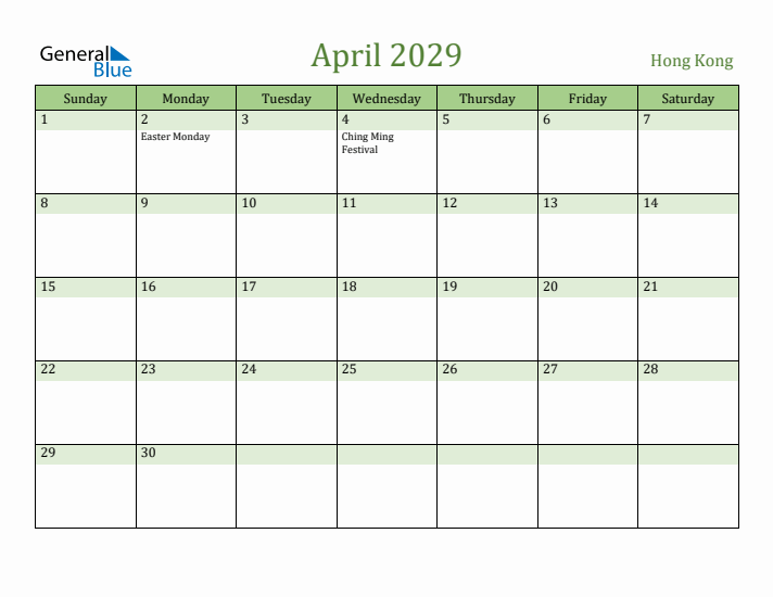 April 2029 Calendar with Hong Kong Holidays