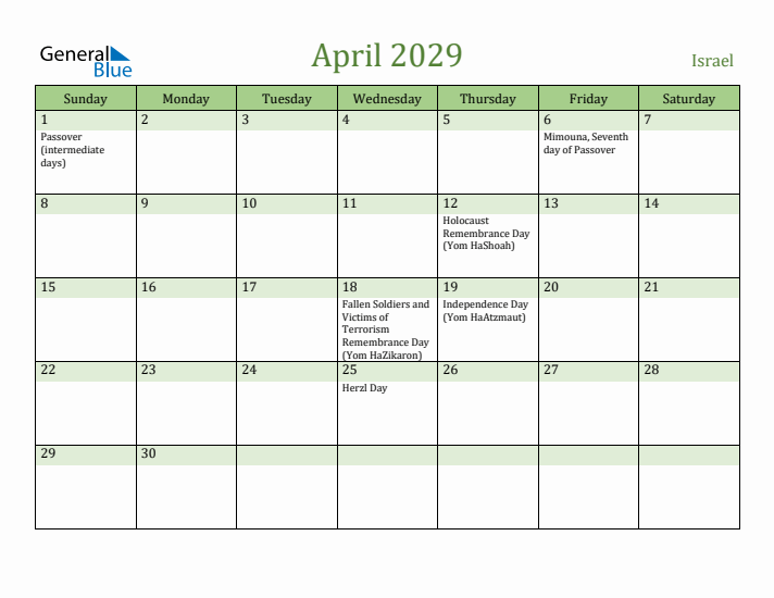 April 2029 Calendar with Israel Holidays