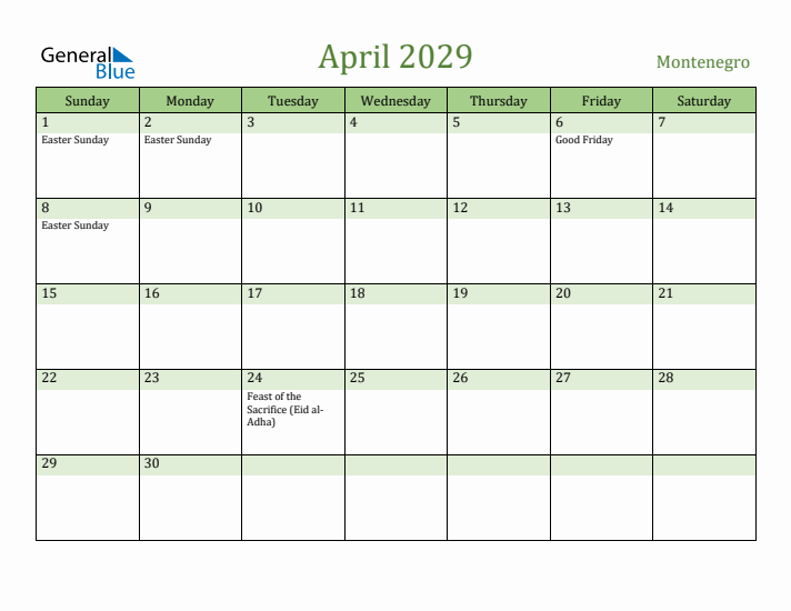 April 2029 Calendar with Montenegro Holidays