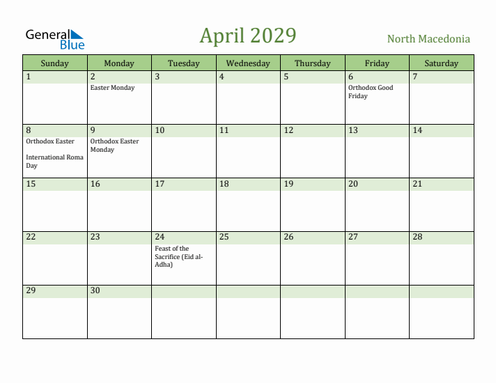 April 2029 Calendar with North Macedonia Holidays