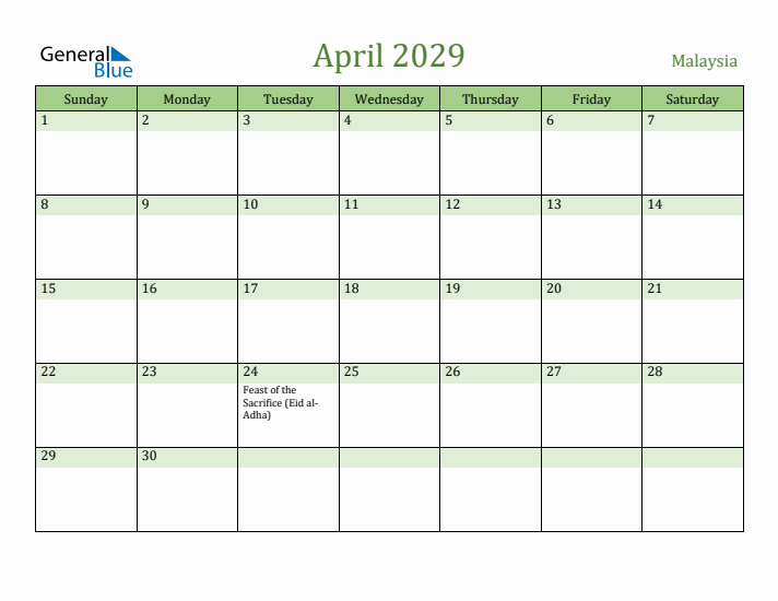 April 2029 Calendar with Malaysia Holidays
