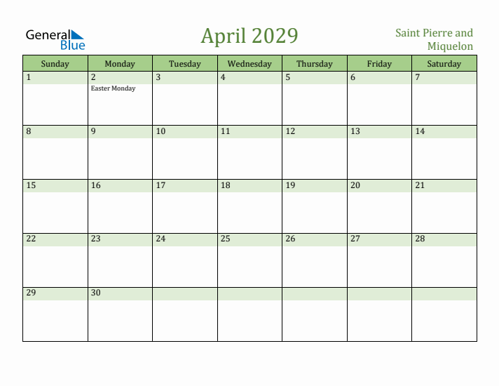 April 2029 Calendar with Saint Pierre and Miquelon Holidays