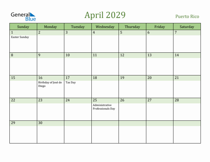 April 2029 Calendar with Puerto Rico Holidays