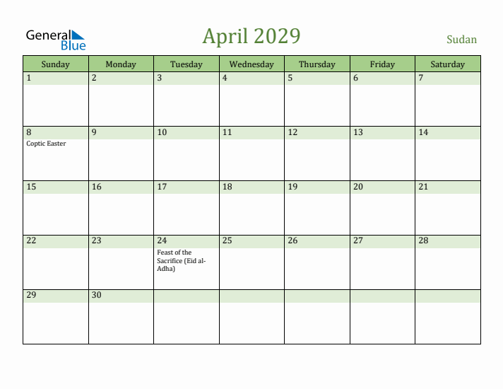 April 2029 Calendar with Sudan Holidays