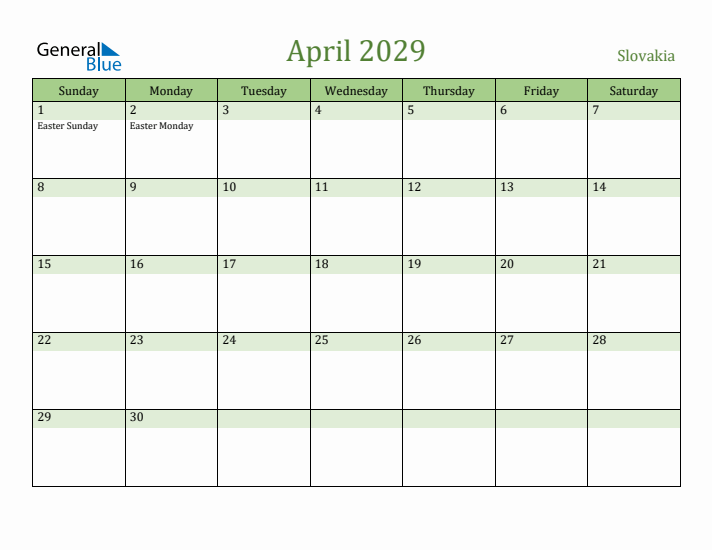 April 2029 Calendar with Slovakia Holidays