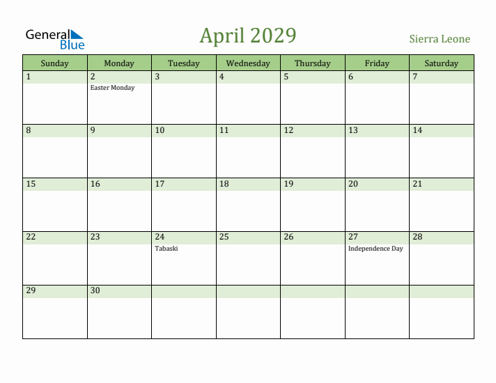 April 2029 Calendar with Sierra Leone Holidays