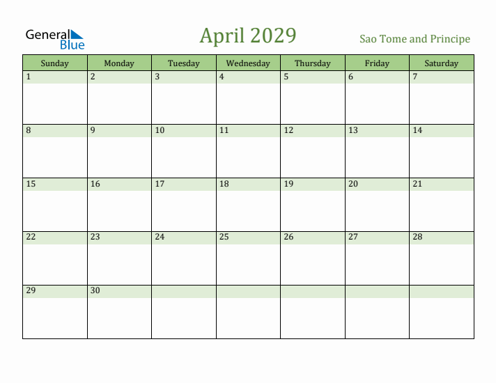 April 2029 Calendar with Sao Tome and Principe Holidays