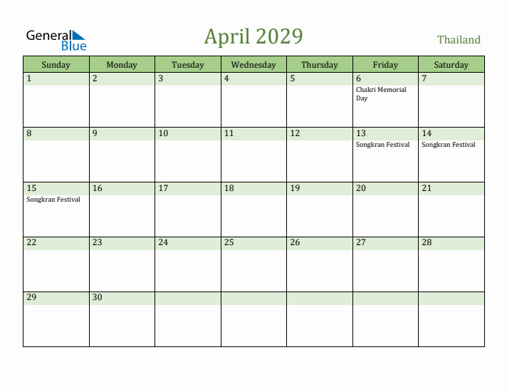April 2029 Calendar with Thailand Holidays