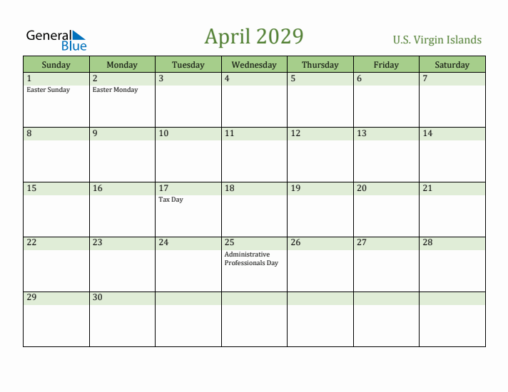April 2029 Calendar with U.S. Virgin Islands Holidays