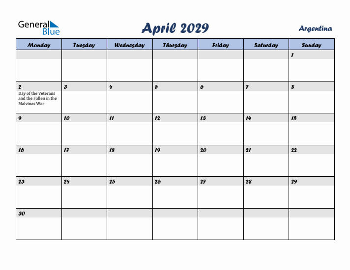 April 2029 Calendar with Holidays in Argentina
