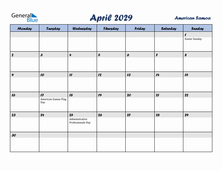 April 2029 Calendar with Holidays in American Samoa