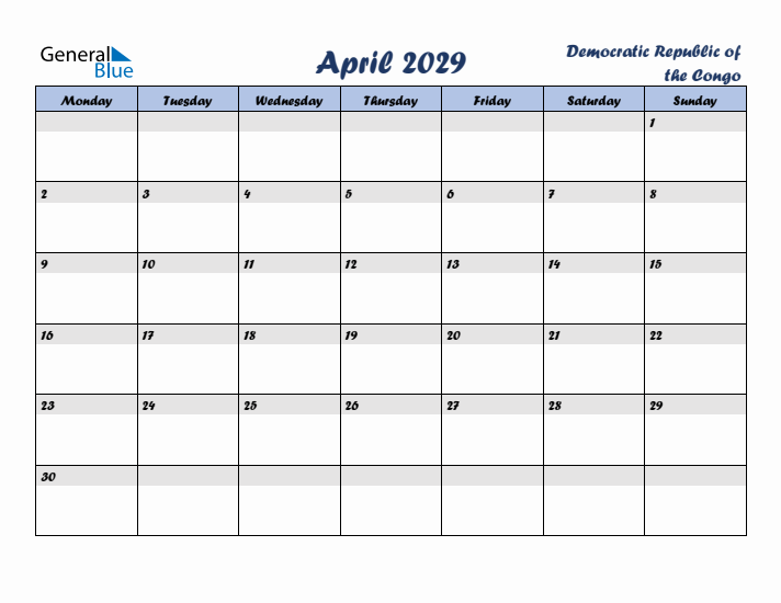 April 2029 Calendar with Holidays in Democratic Republic of the Congo
