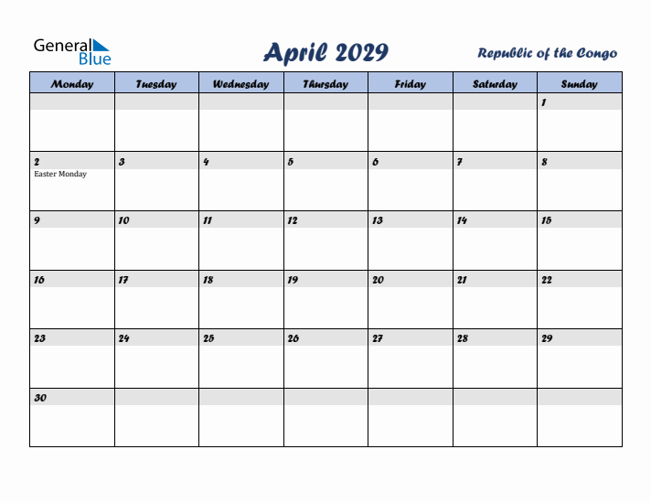 April 2029 Calendar with Holidays in Republic of the Congo