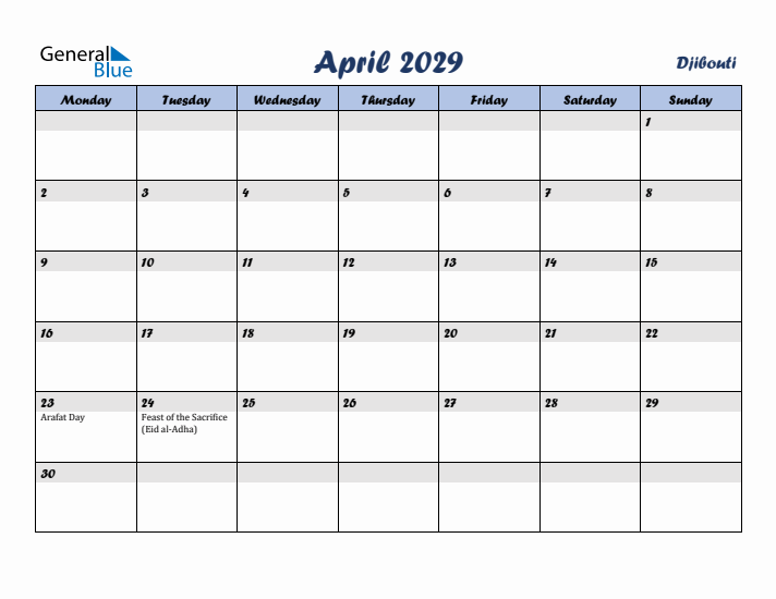 April 2029 Calendar with Holidays in Djibouti