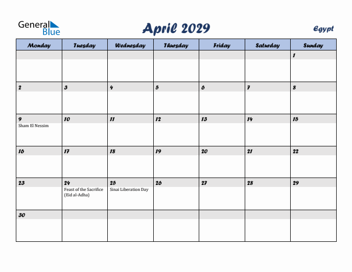 April 2029 Calendar with Holidays in Egypt